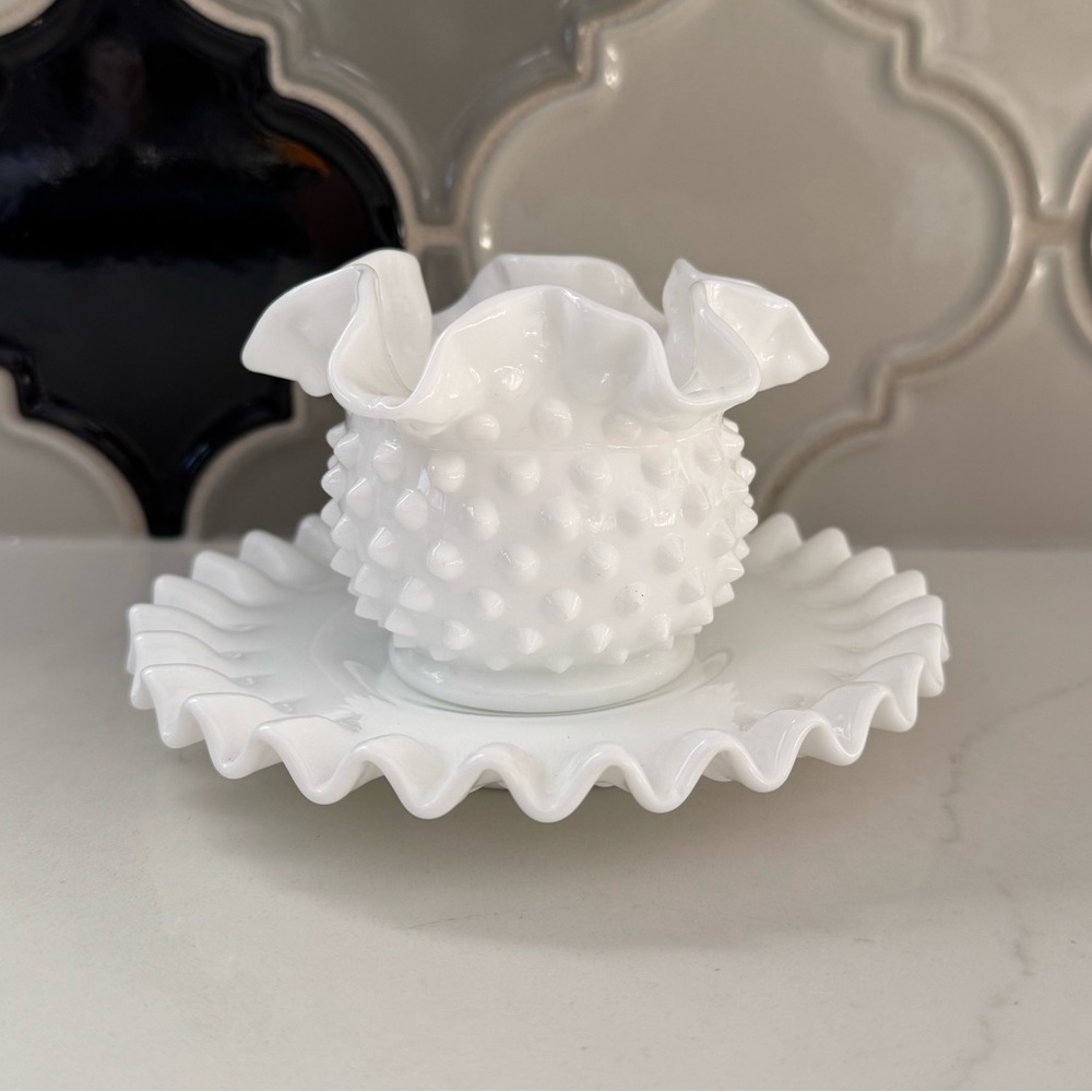 Vintage Fenton Hobnail Milk Glass Candle Holder + Ruffled Underplate